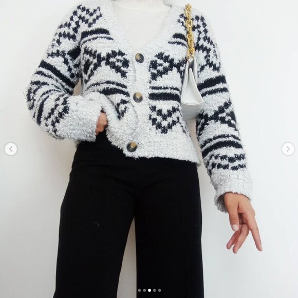 Hippie Rose | Fuzzy Geometric Button Cropped Cardigan in Black & White - Picture 1 of 6